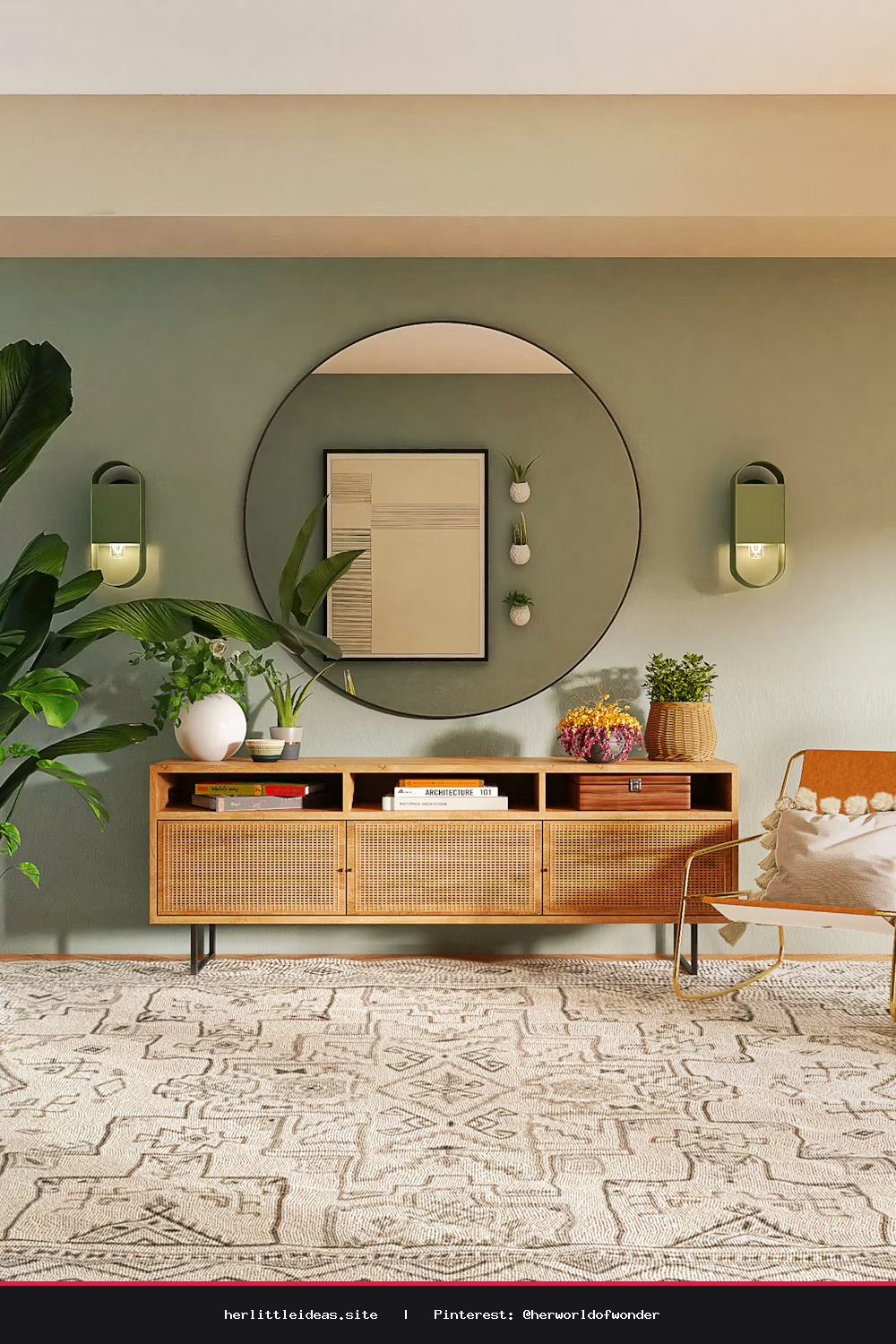 A small, bright living room styled with Scandinavian decor, featuring a cream sofa, natural wood furniture, and indoor plants.