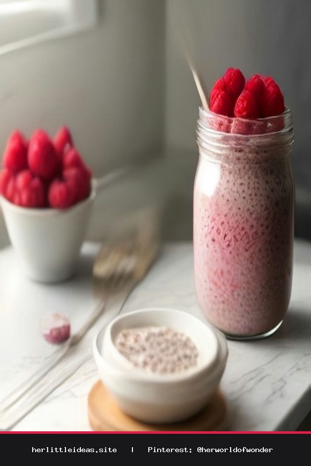 A glass jar of overnight chia pudding topped with fresh berries and nuts on a marble table with a linen cloth.