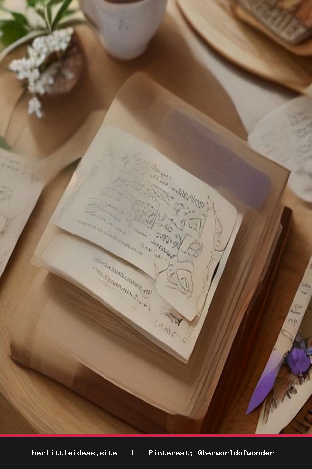 Several handmade pressed flower bookmarks resting on a wooden surface next to an open book and a cup of tea.
