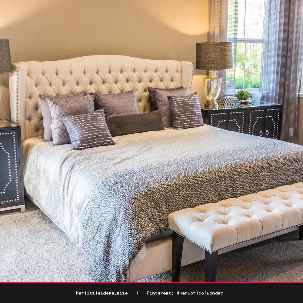 Detail shot of a textured cushion and a ceramic vase on a wooden bench in a neutral-toned room.
