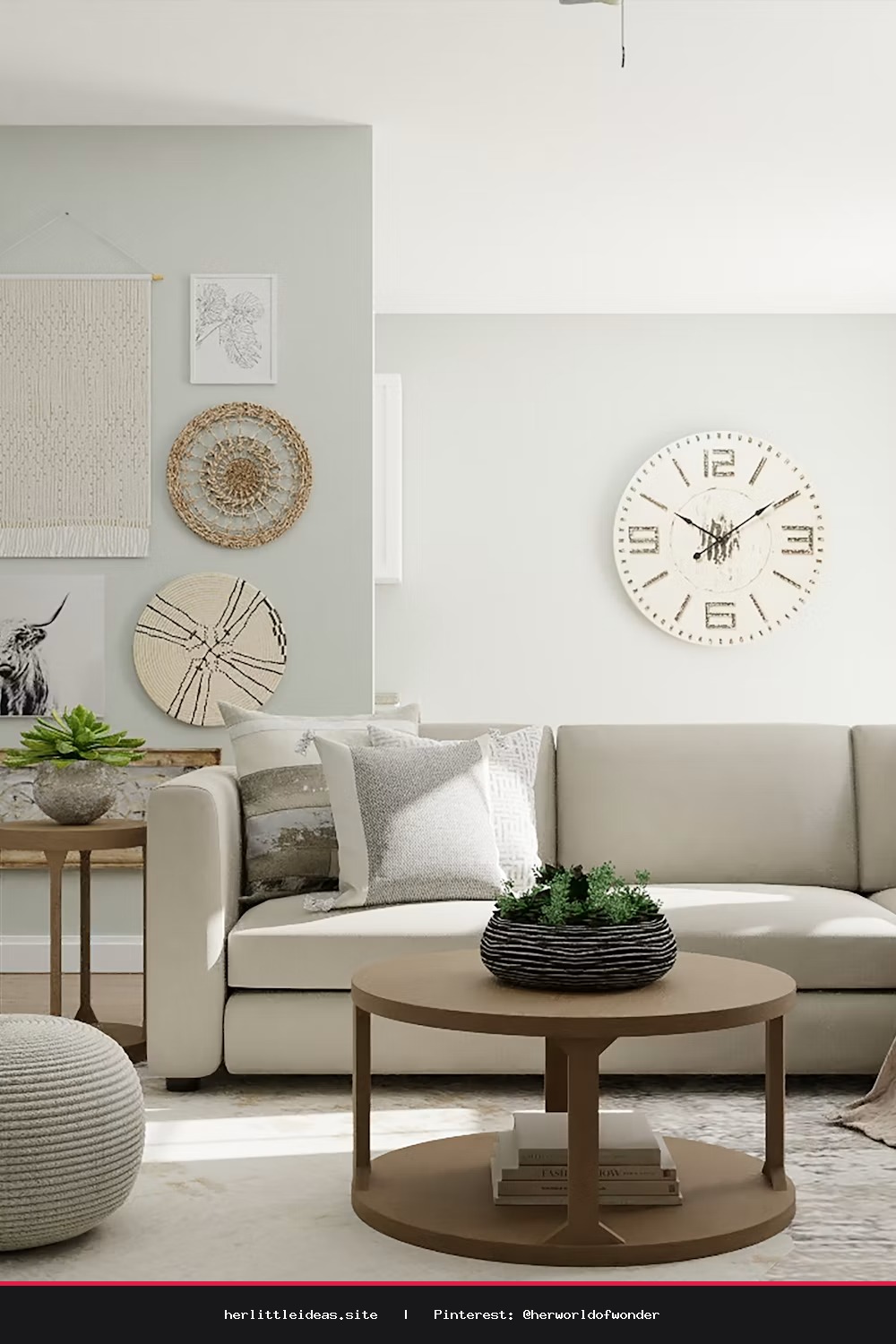 A cozy Scandinavian living room featuring a beige linen sofa, warm neutral tones, and soft natural lighting.