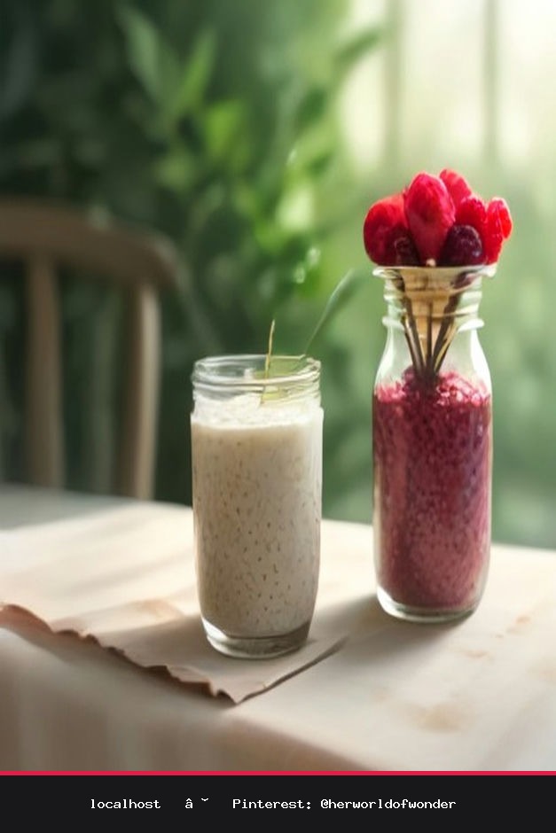 A glass jar of overnight chia pudding topped with fresh berries and nuts, sitting on a light-colored linen cloth.