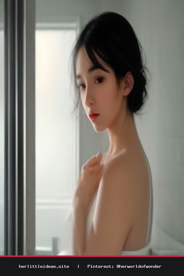 A woman with radiant, dewy skin applying skincare in a naturally lit bathroom with minimalist aesthetic decor.